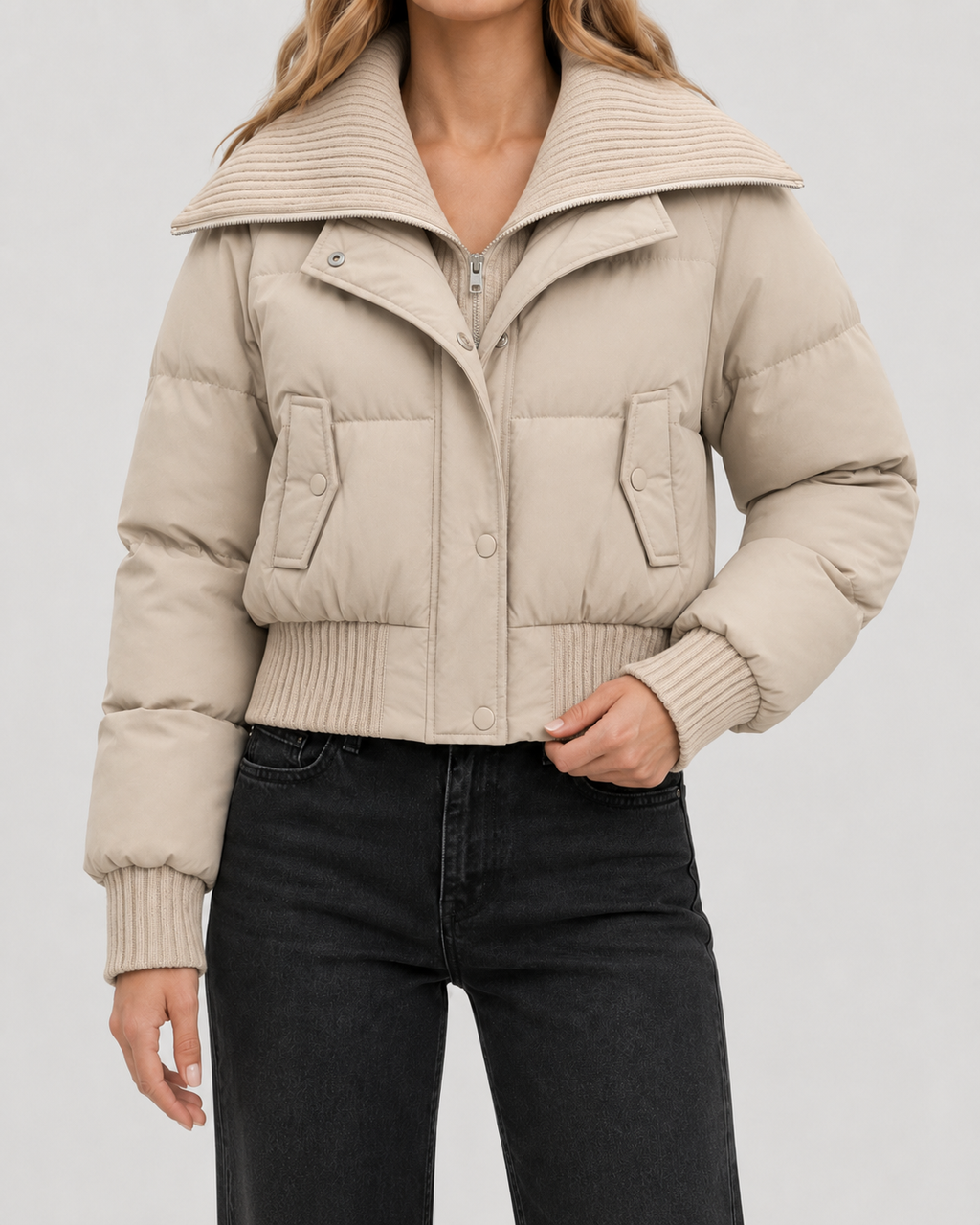 Women's Knit Collar Cropped Puffer Jacket