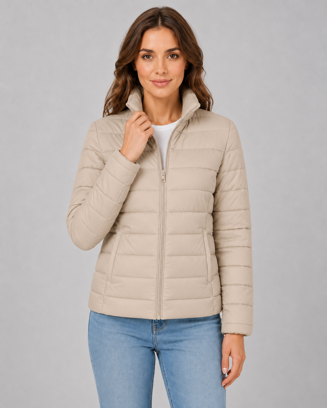 Women's Lightweight Down Puffer Jacket with Stand Collar