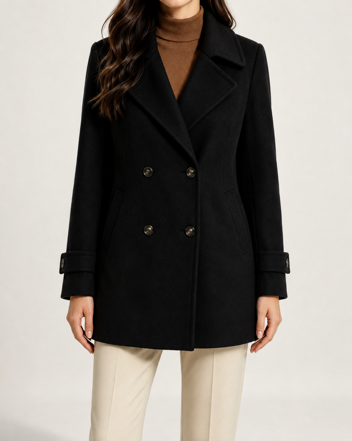 Women's Short Tailored Pea Coat - Double-Breasted, Wrinkle-Resistant
