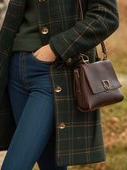 Women's Long Checked Coat - Fitted Button-Up Winter Outerwear