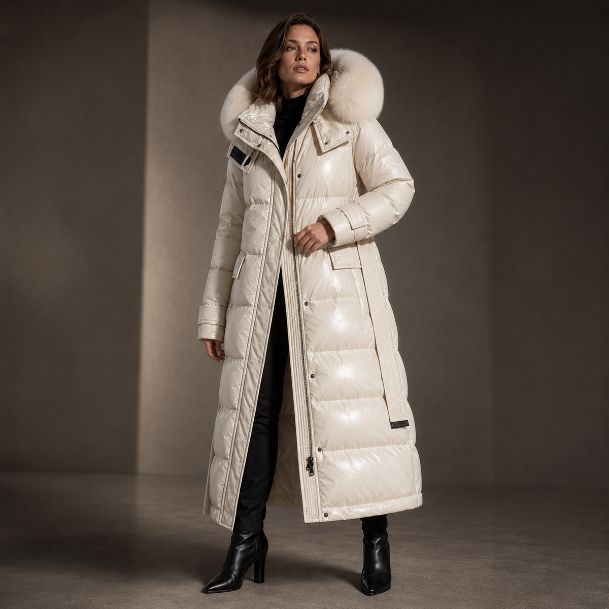 Women's Puffer Coat Longline Faux Fur Hood