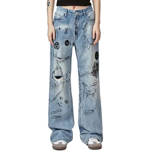Wide-Leg Light Blue Jeans with Graphic Print Detail