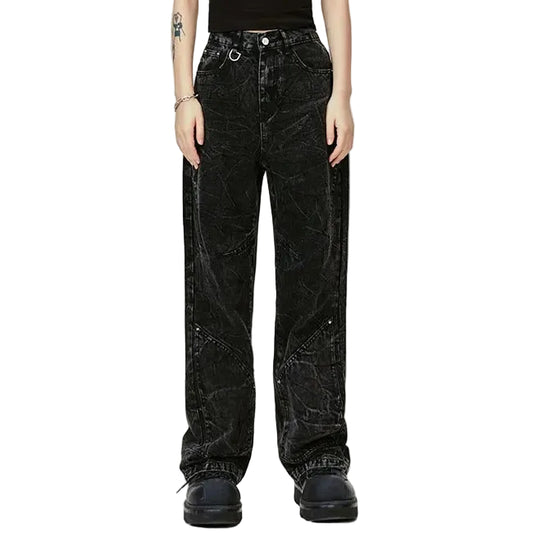 Wide-Leg Black Jeans with Textured Wash Effect