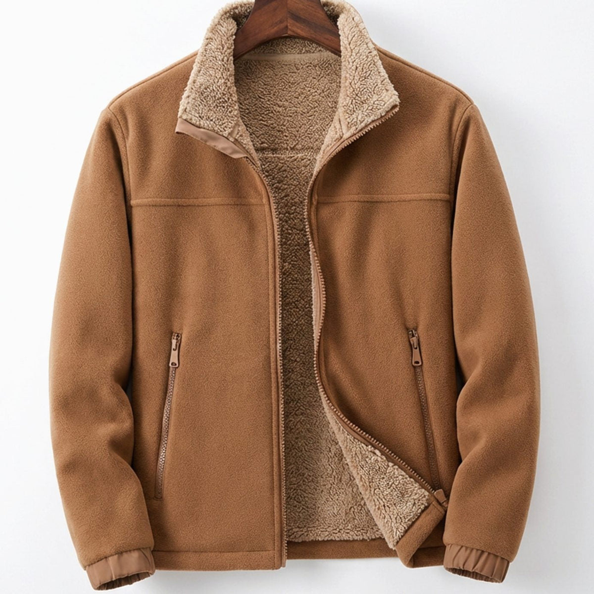 Men's Sherpa-Lined Fleece Jacket - Full Zip Stand Collar, Relaxed Fit