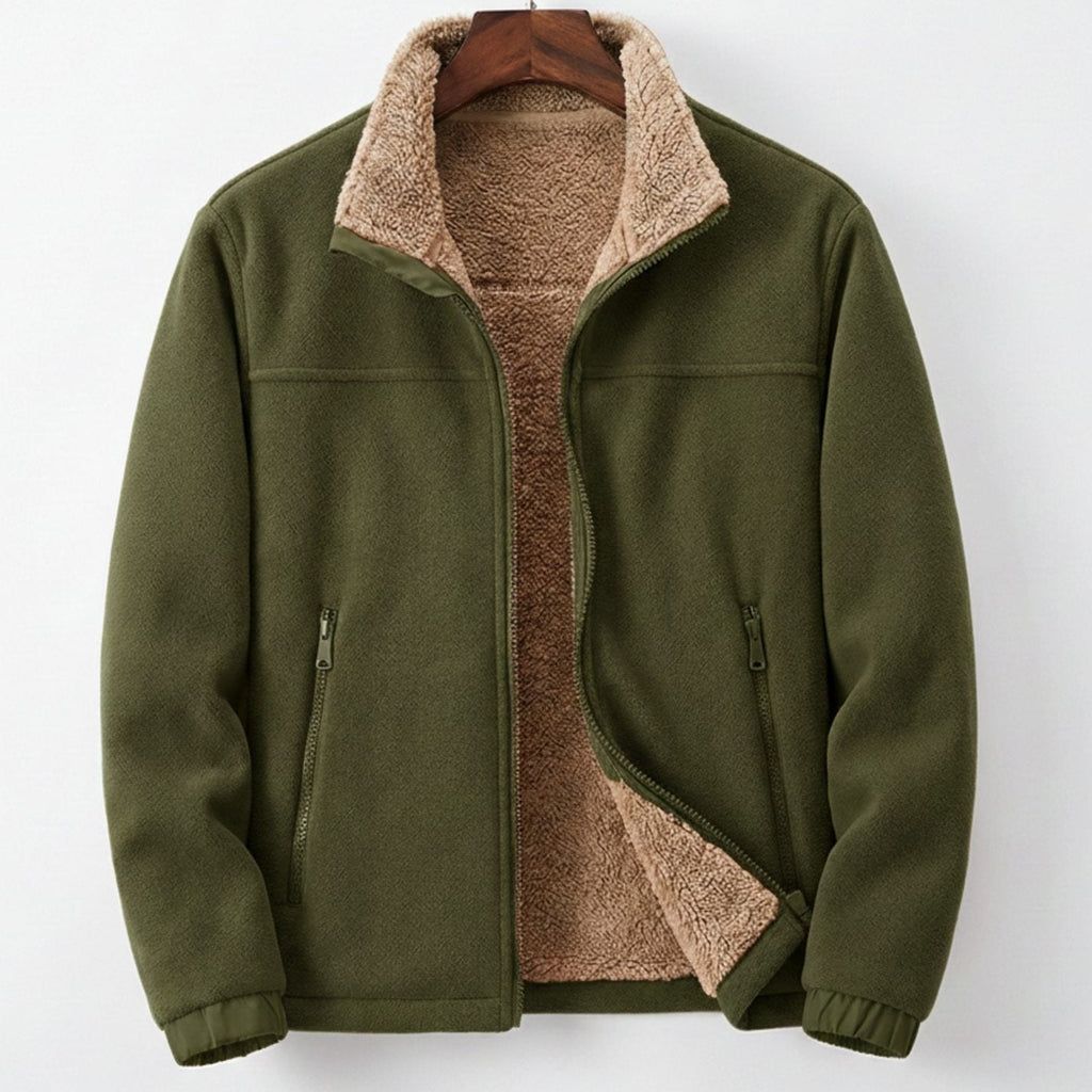 Men's Sherpa-Lined Fleece Jacket - Full Zip Stand Collar, Relaxed Fit
