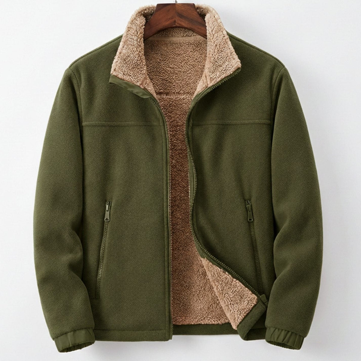 Men's Sherpa-Lined Fleece Jacket - Full Zip Stand Collar, Relaxed Fit