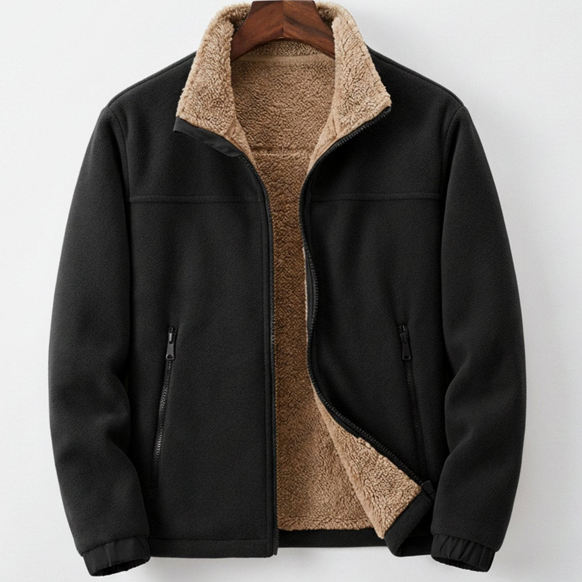 Men's Sherpa-Lined Fleece Jacket - Full Zip Stand Collar, Relaxed Fit