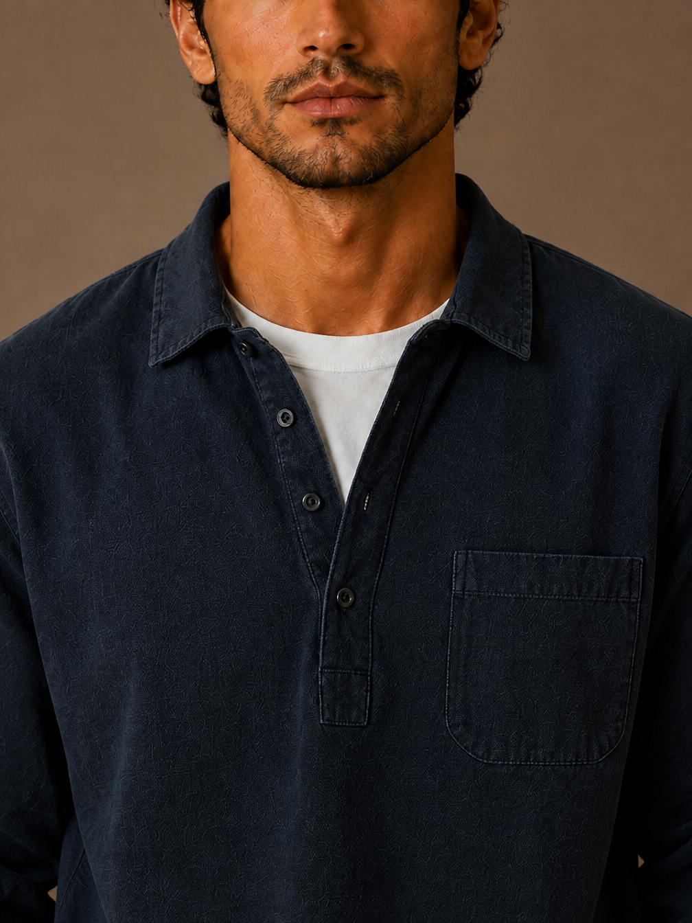Men's Popover Shirt Cotton Linen Blend Half Button Chest Pocket Relaxed