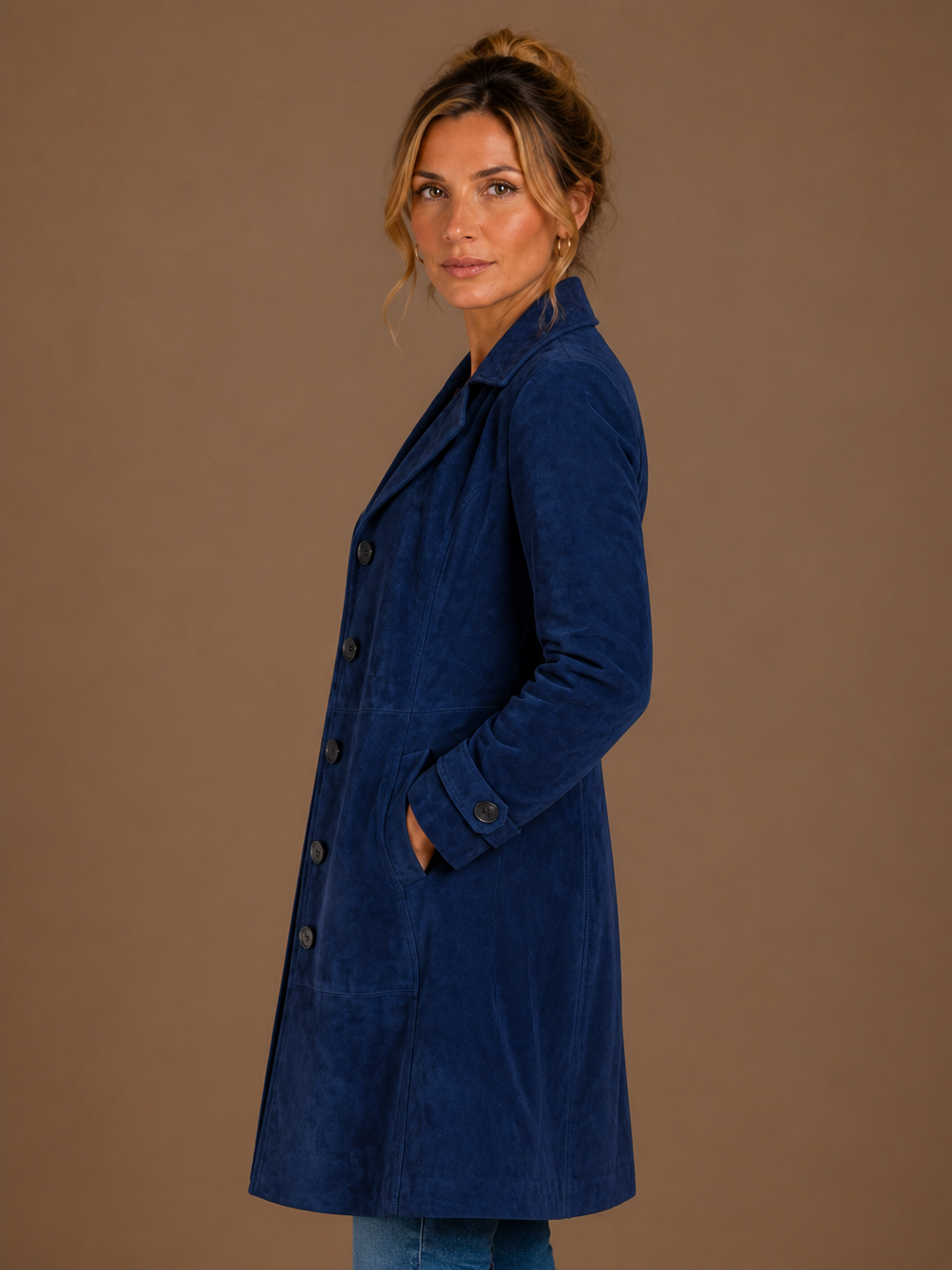 Women's Vintage Suede Longline Coat - Long Button Up Trench Jacket
