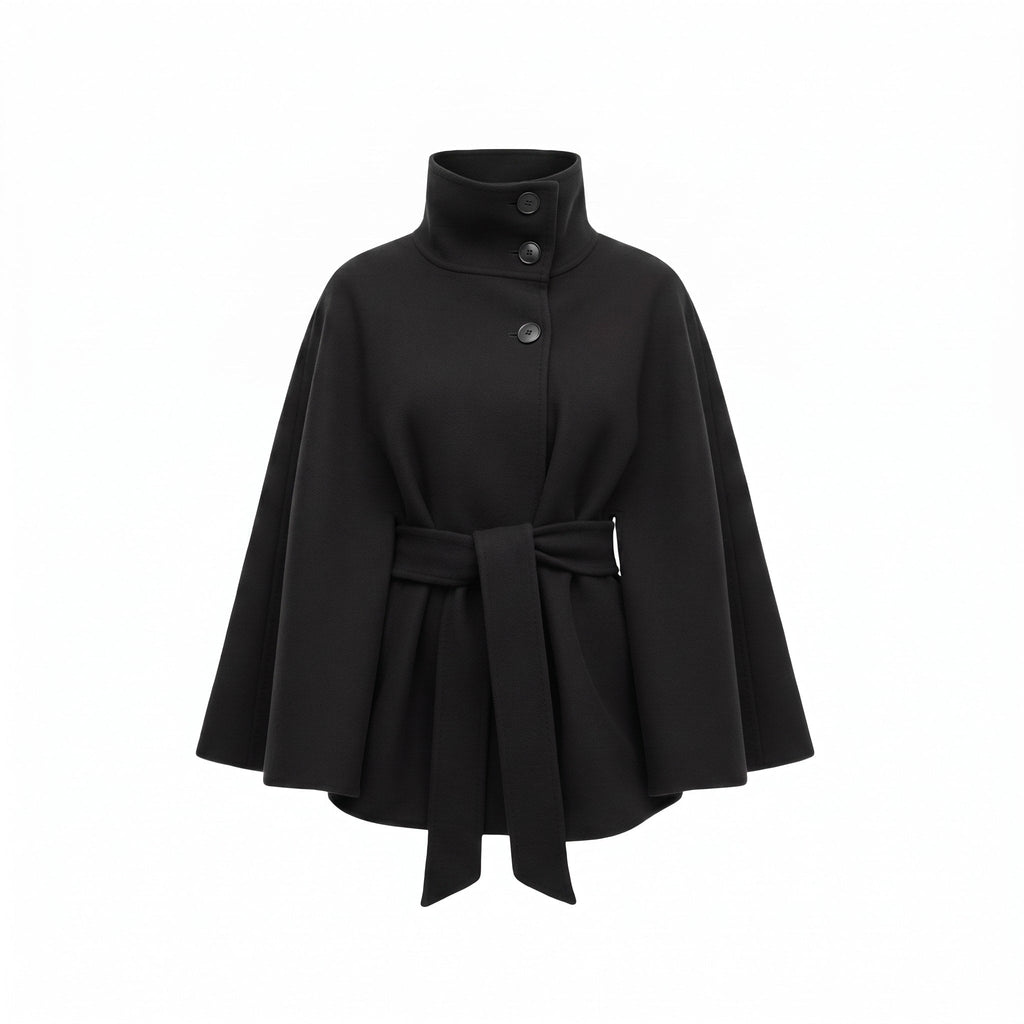 Cape Coat Women's Belted Batwing Sleeve Wrap with Button Collar