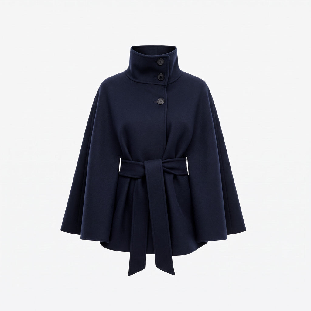 Cape Coat Women's Belted Batwing Sleeve Wrap with Button Collar