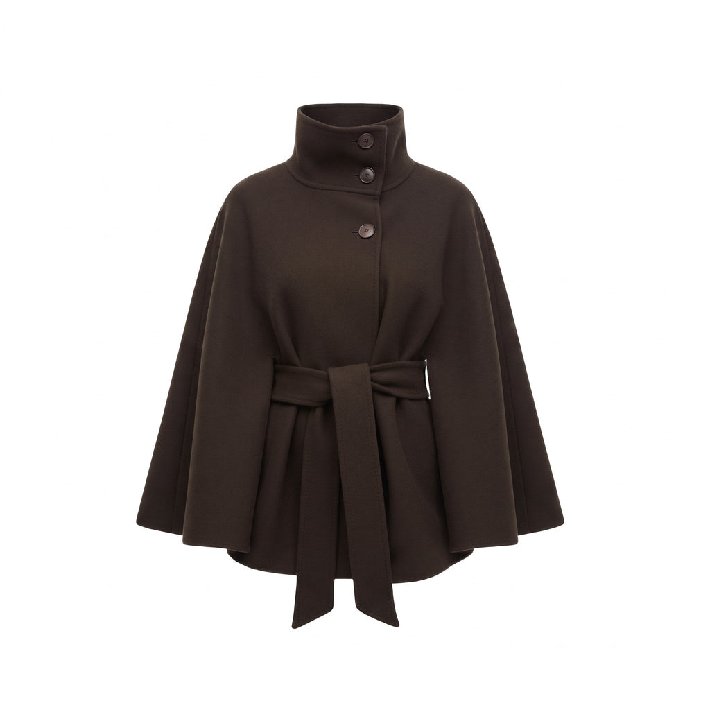 Cape Coat Women's Belted Batwing Sleeve Wrap with Button Collar