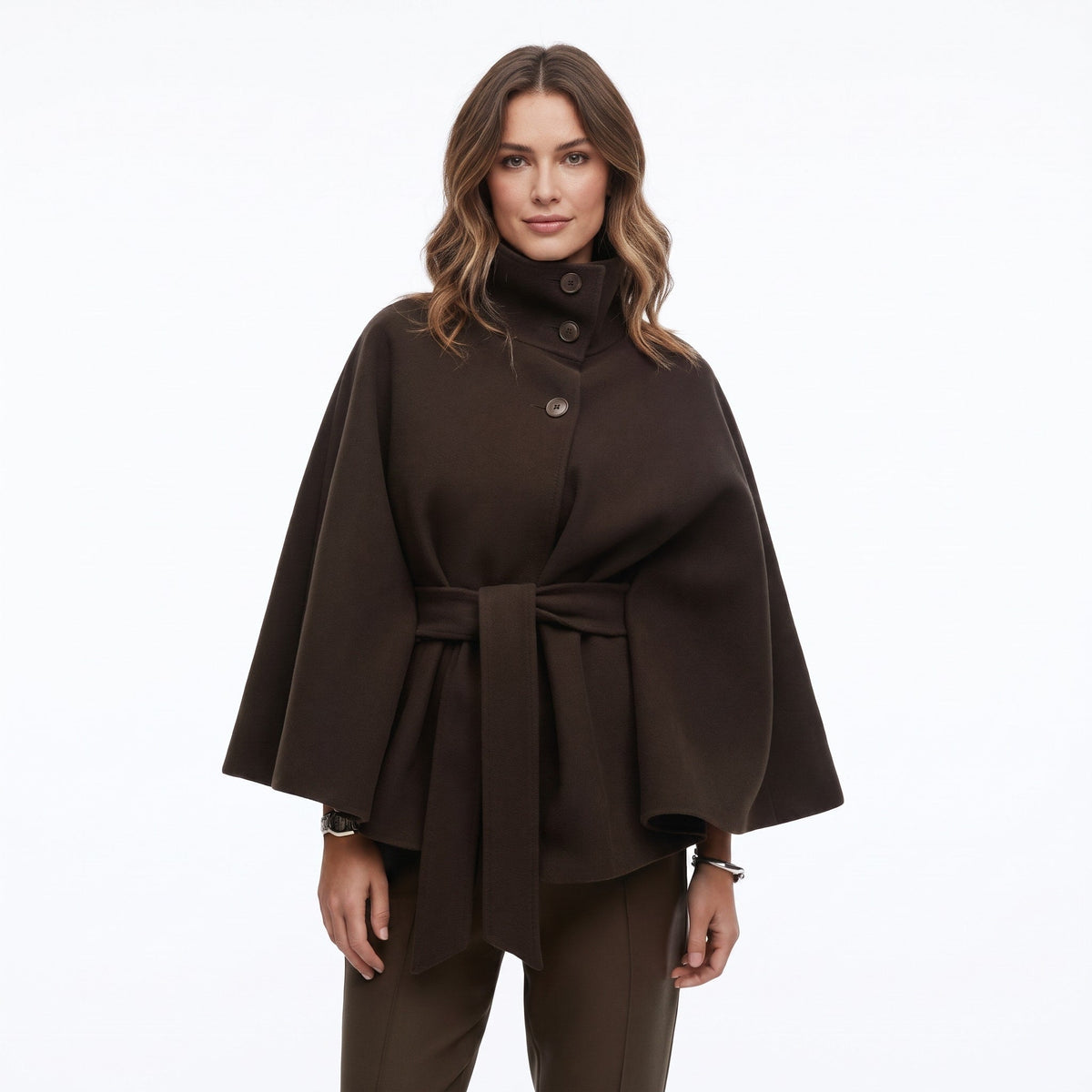 Cape Coat Women's Belted Batwing Sleeve Wrap with Button Collar