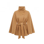 Cape Coat Women's Belted Batwing Sleeve Wrap with Button Collar