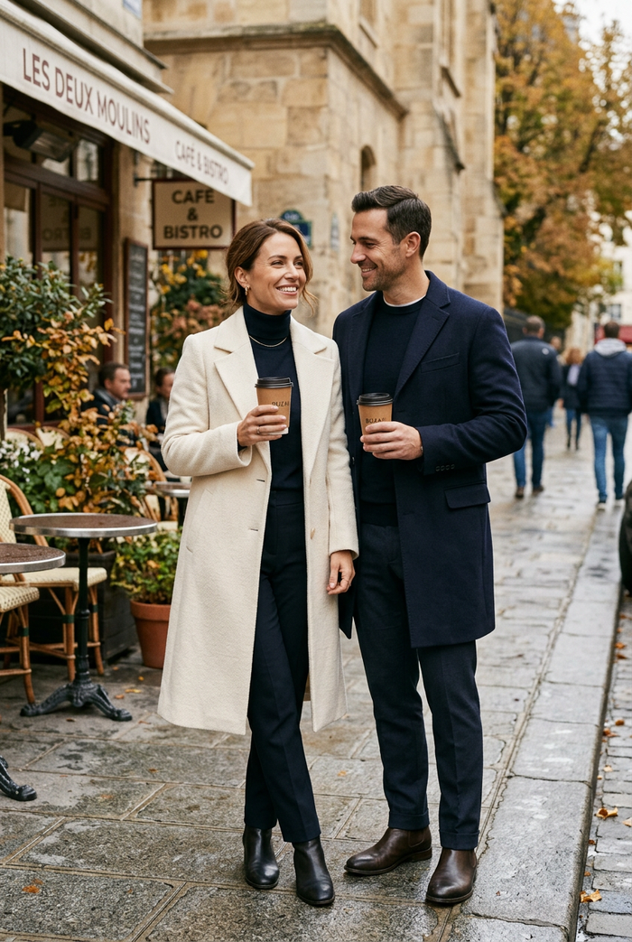 Par i elegant höstmode vid ett café