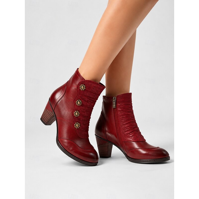Ruched Block Heel Ankle Boots with Floral Buttons for Women