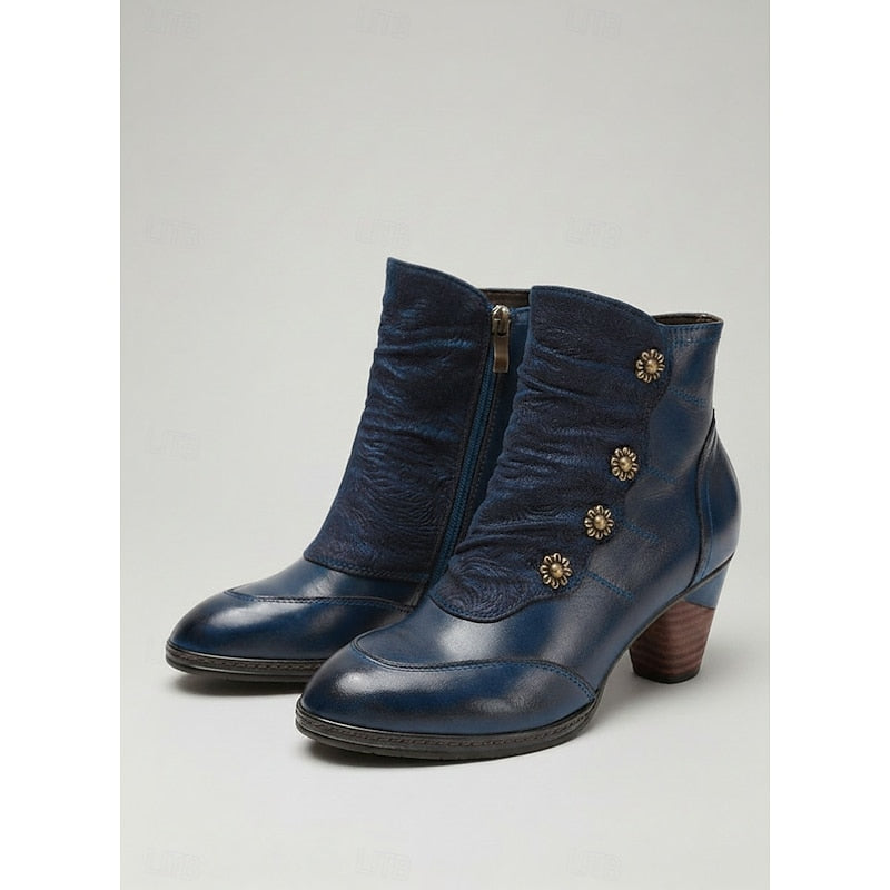 Ruched Block Heel Ankle Boots with Floral Buttons for Women