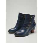Ruched Block Heel Ankle Boots with Floral Buttons for Women