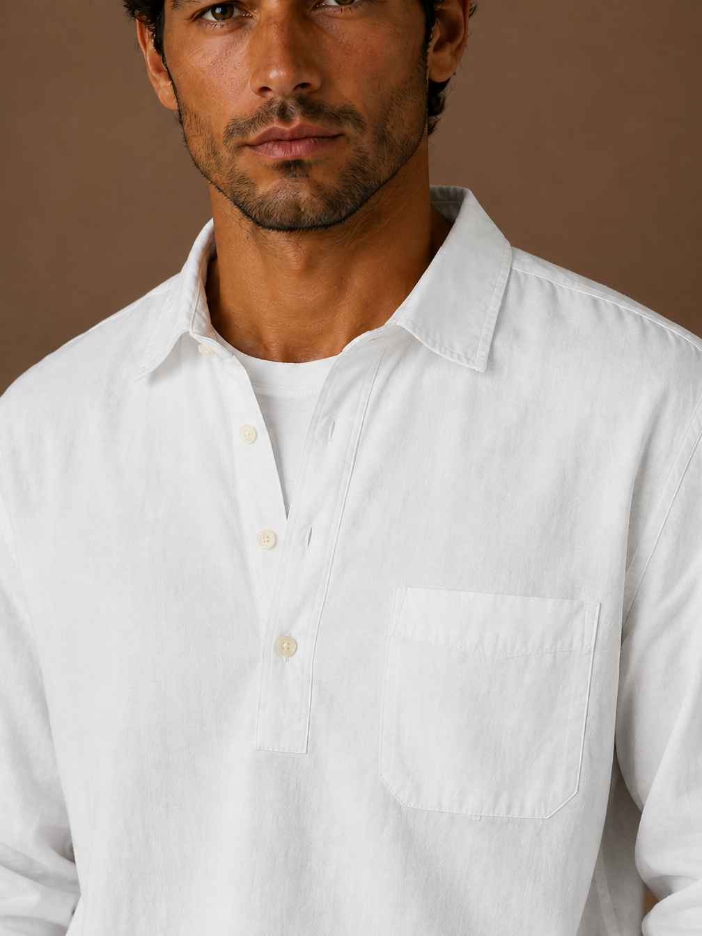 Men's Popover Shirt Cotton Linen Blend Half Button Chest Pocket Relaxed