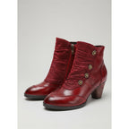 Ruched Block Heel Ankle Boots with Floral Buttons for Women