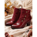 Ruched Block Heel Ankle Boots with Floral Buttons for Women